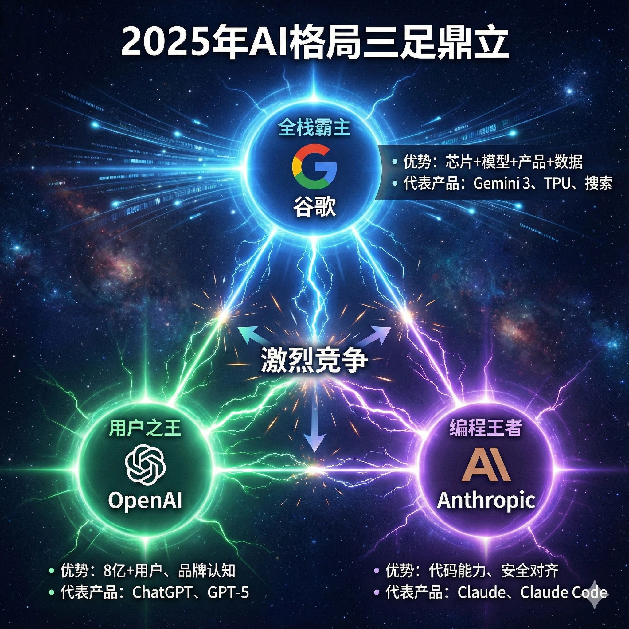 2025 年 AI 格局：谷歌、OpenAI、Anthropic 三足鼎立